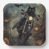 Zwart Kat Rijden Motorfiets Halloween Eng Papieren Bordje (Voorkant)