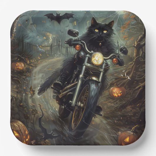 Zwart Kat Rijden Motorfiets Halloween Eng Papieren Bordje (Voorkant)