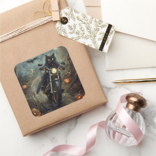 Zwart Kat Rijden Motorfiets Halloween Eng Vierkante Sticker