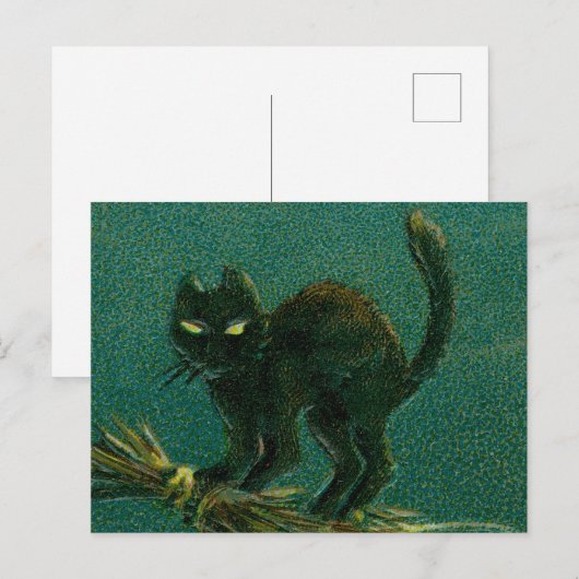  zwart kat rijden op bezem Halloween Briefkaart (Voorkant / Achterkant)