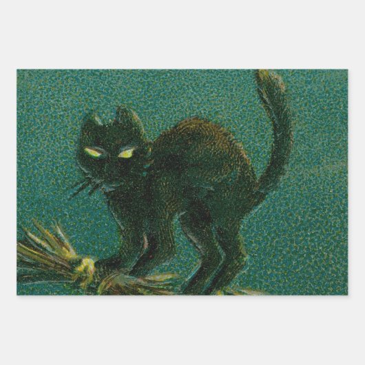  zwart kat rijden op bezem Halloween Inpakpapier Vel (Voorkant)