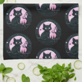 Zwart Kat Roze Volle Maan Celestial Zwart Hallowee Theedoek (Gevouwen)