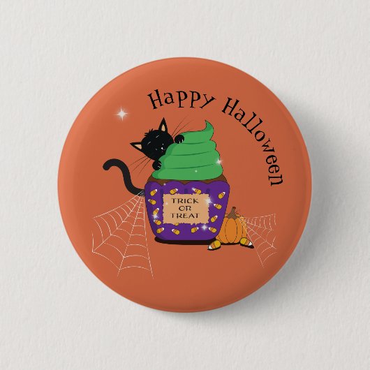 Zwart Kat Sinaasappel Halloween Button (Voorkant)