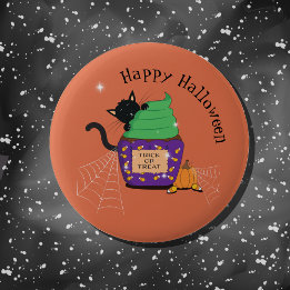 Zwart Kat Sinaasappel Halloween Button