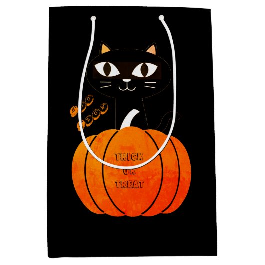 Zwart Kat Sinaasappel Pompoen Trick or treat Hallo Medium Cadeauzakje (Voorkant)