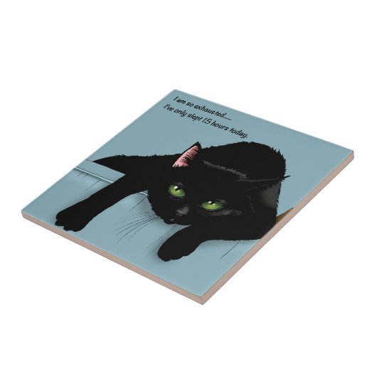 Zwart Kat Vermoeid Blauw Grappig Tegeltje (Zijkant)