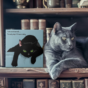 Zwart Kat Vermoeid Blauw Grappig Tegeltje