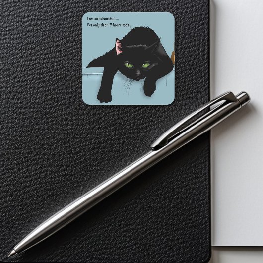 Zwart Kat Vermoeid Blauw Grappig Vierkante Sticker
