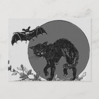 Zwart kat vleermuis volle maan monochroom briefkaart