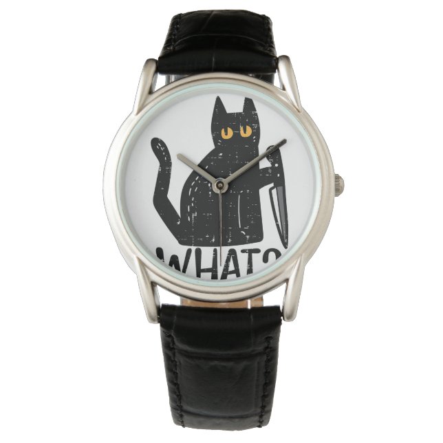 Zwart Kat Wat Mes Grappig Moorddadig Halloween Pet Horloge (Voorkant)