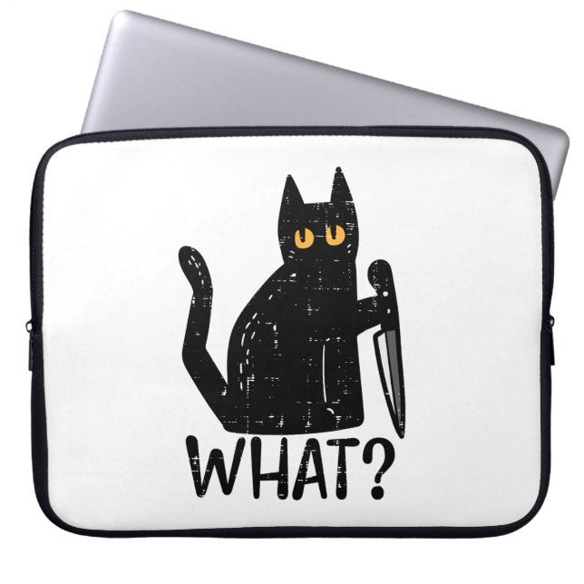 Zwart Kat Wat Mes Grappig Moorddadig Halloween Pet Laptop Sleeve (Voorkant)