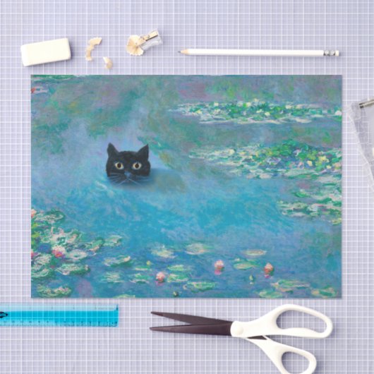 Zwart kat zwemmen in waterlilies ontkoppelen tissuepapier (Craft)