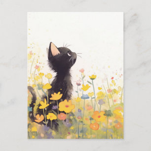 Zwart Katje in Gele Wildebloemen Zomerweide Briefkaart