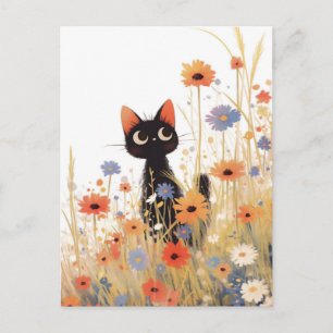 Zwart Katje in Oranje en Blauwe Wildernis Bloemenw Briefkaart