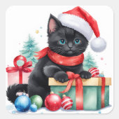 Zwart katje in Santa Hat Vrolijk Kerstfeest Vierkante Sticker (Voorkant)