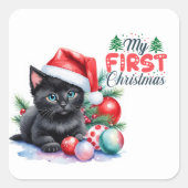 Zwart katje in Santa Hat Vrolijk Kerstfeest Vierkante Sticker (Voorkant)