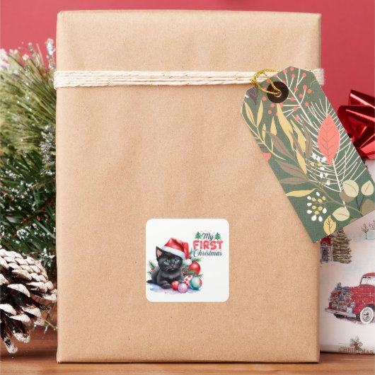 Zwart katje in Santa Hat Vrolijk Kerstfeest Vierkante Sticker (Feestdagen)