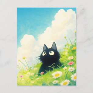 Zwart Katje in Zonnige Madeliefjes Bloemenwei Briefkaart