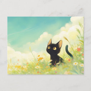 Zwart Katje in Zonnige Wildebloemen Zomerweide Briefkaart