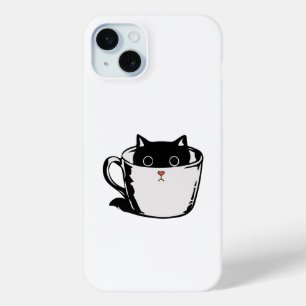 Zwart katje met rode neus verstopt in een kopje iPhone 15 mini hoesje