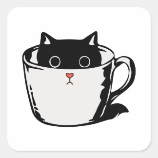 Zwart katje met rode neus verstopt in een kopje vierkante sticker