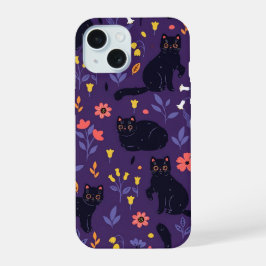 Zwart katten en wilde bloemen patroon iPhone 15 case
