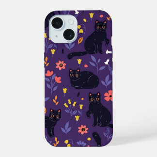 Zwart katten en wilde bloemen patroon iPhone 15 case