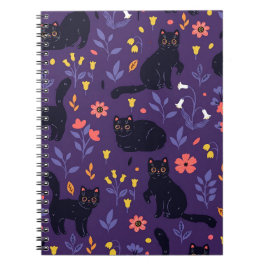 Zwart katten en wilde bloemen patroon notitieboek