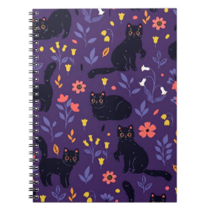 Zwart katten en wilde bloemen patroon notitieboek