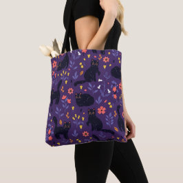 Zwart katten en wilde bloemen patroon tote bag