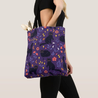 Zwart katten en wilde bloemen patroon tote bag