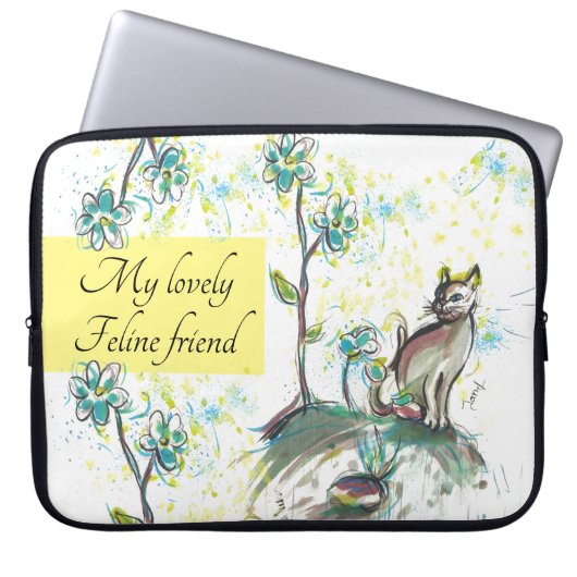 Zwart kattendesign laptop sleeve hoesje (Voorkant)
