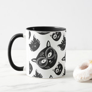Zwart kattengezicht met funky bril patroon mok