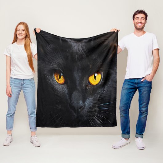 Zwart kattengezicht met glanzende gele ogen fleece deken (In situ)