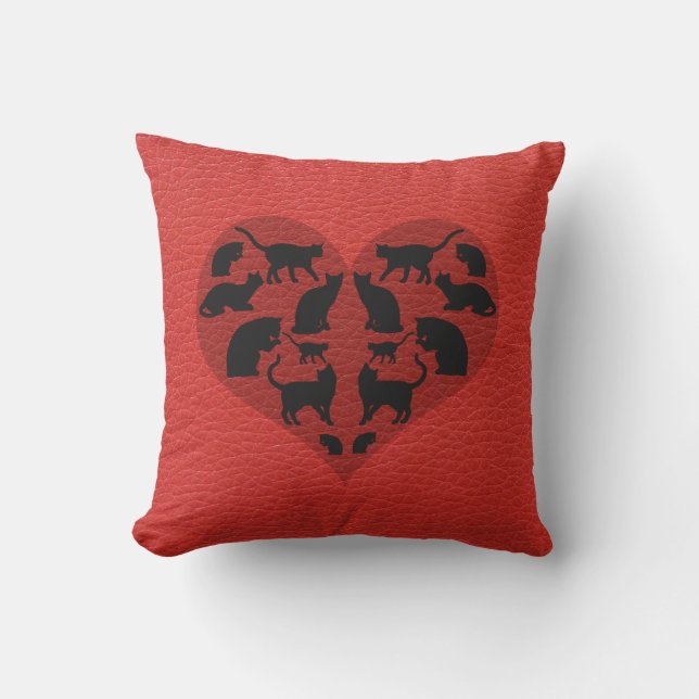 Zwart kattenhartritme Faux Rood leder Kussen (Voorkant)