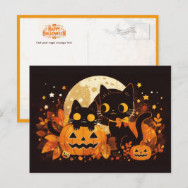 Zwart Kattenkoppel met Pompoenen en Maan Briefkaart