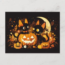 Zwart Kattenkoppel met Pompoenen en Maan Feestdagenkaart