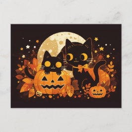 Zwart Kattenkoppel met Pompoenen en Maan Feestdagenkaart