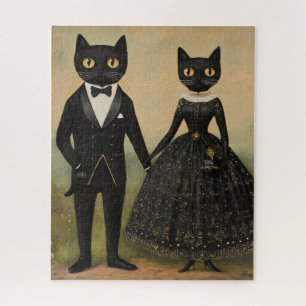 Zwart kattenkoppel vintage volkskunst gotische vic legpuzzel