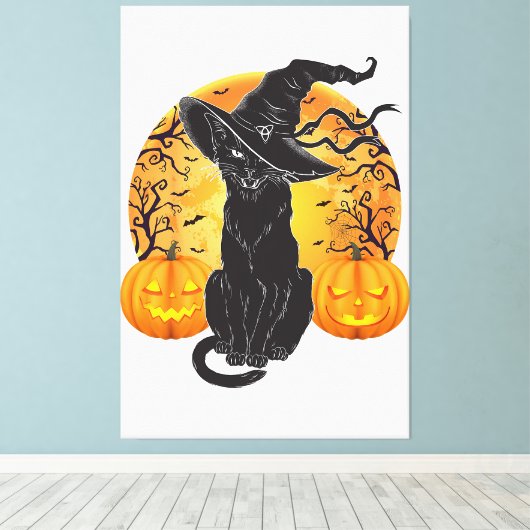 Zwart Kattenkostuum Scary Halloween Witch Pet _Moo Canvas Afdruk (Insitu (Houten vloer))