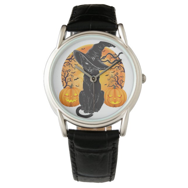 Zwart Kattenkostuum Scary Halloween Witch Pet _Moo Horloge (Voorkant)