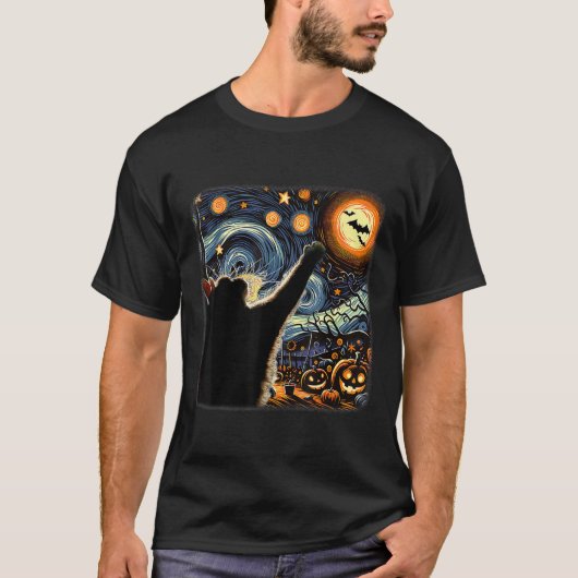 Zwart Kattenkostuum Van Gogh Sterrennacht Funny Ca T-shirt (Voorkant)