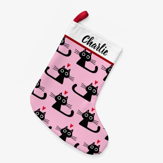 Zwart kattenpatroon met aangepaste tekst voor naam kleine kerstsok (Voorkant (Hangend))