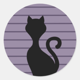 Zwart kattensilhouet op paarse achtergrond ronde sticker