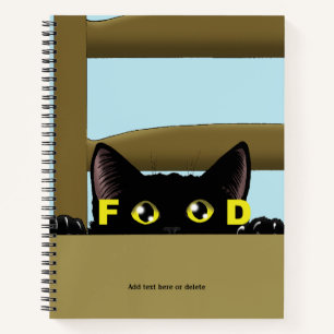 Zwart kattenvoer Grappige hongerige kat humor Notitieboek