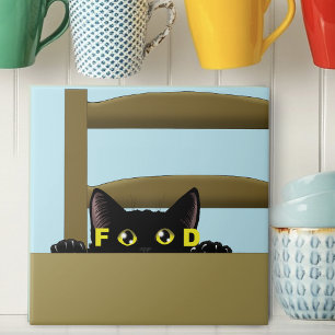 Zwart kattenvoer grappige hongerige kat humor tegeltje