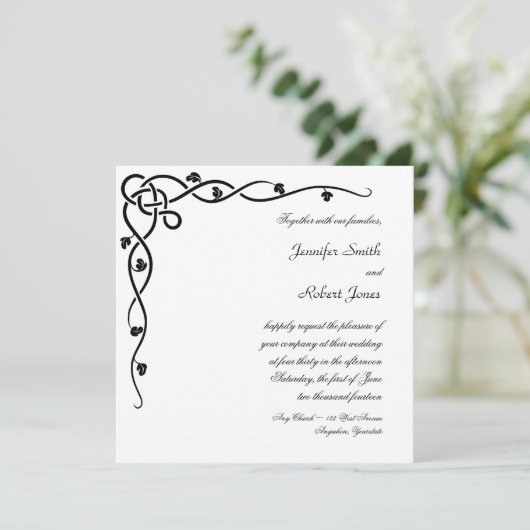 Zwart Keltische Knoop Hoek Vine Bruiloft Uitnodigi Kaart (Staand voorkant)
