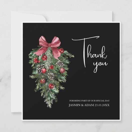 Zwart Kerst Rood Groen Winter Feestelijke bruiloft Bedankkaart (Voorkant)