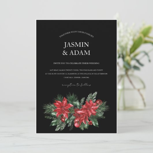 Zwart Kerst Rood Groen Winter Feestelijke bruiloft Kaart (Staand voorkant)