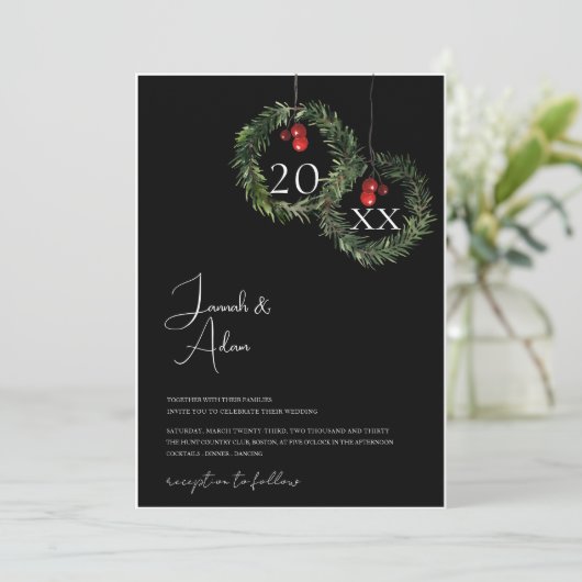 Zwart Kerst Rood Groen Winter Feestelijke bruiloft Kaart (Staand voorkant)